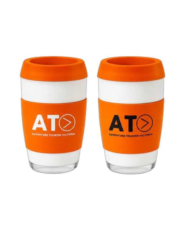 Adventure Tourism Victoria — white orange keepcup pair
