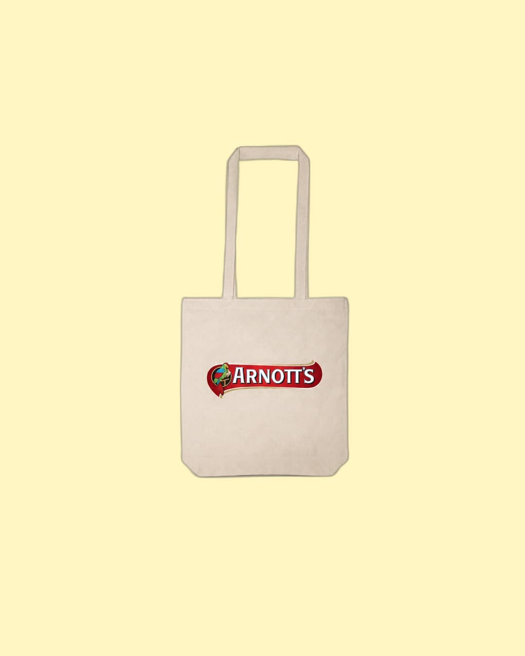 Arnott's — Canvas tote with Arnott's red parrot banner mark