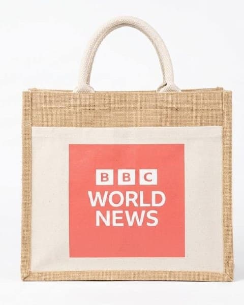 BBC World News — Jute tote with red BBC World News patch