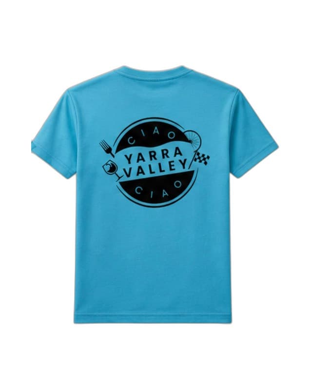 Ciao Yarra Valley — blue tshirt festival badge back