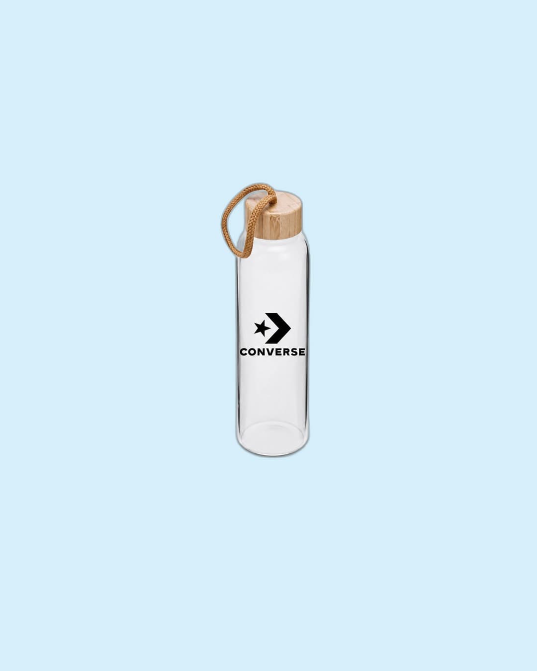 Converse — Glass water bottle with wood lid + tan leather loop