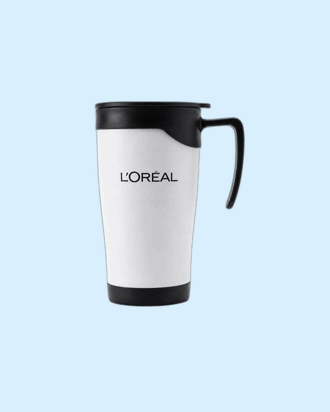 L'Oréal — White insulated travel mug with L'Oréal corporate wordmark
