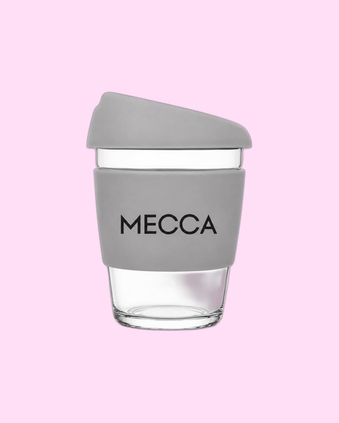 MECCA — Reusable glass coffee cup with grey MECCA sleeve