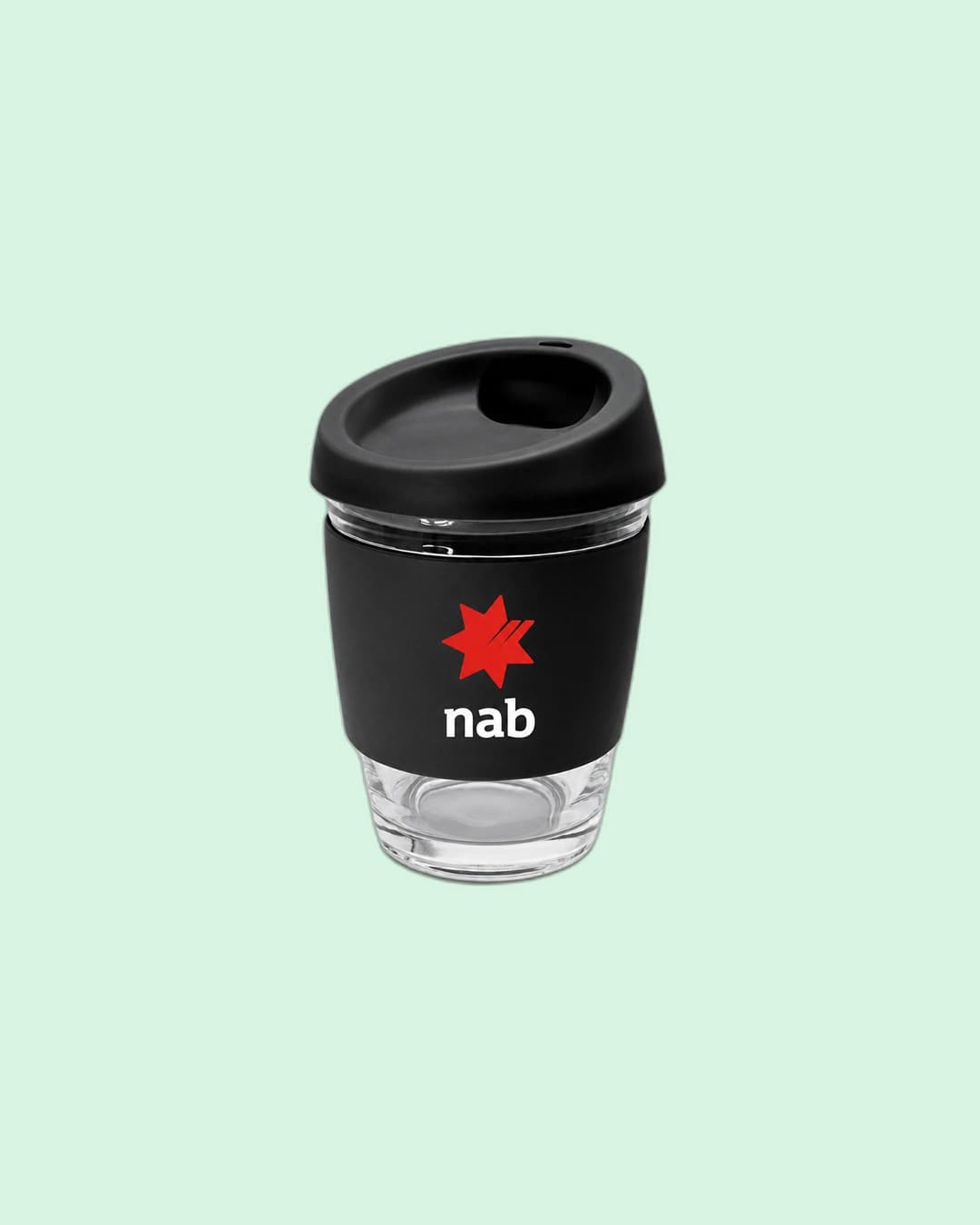 NAB — Reusable glass coffee cup with NAB red-star wordmark