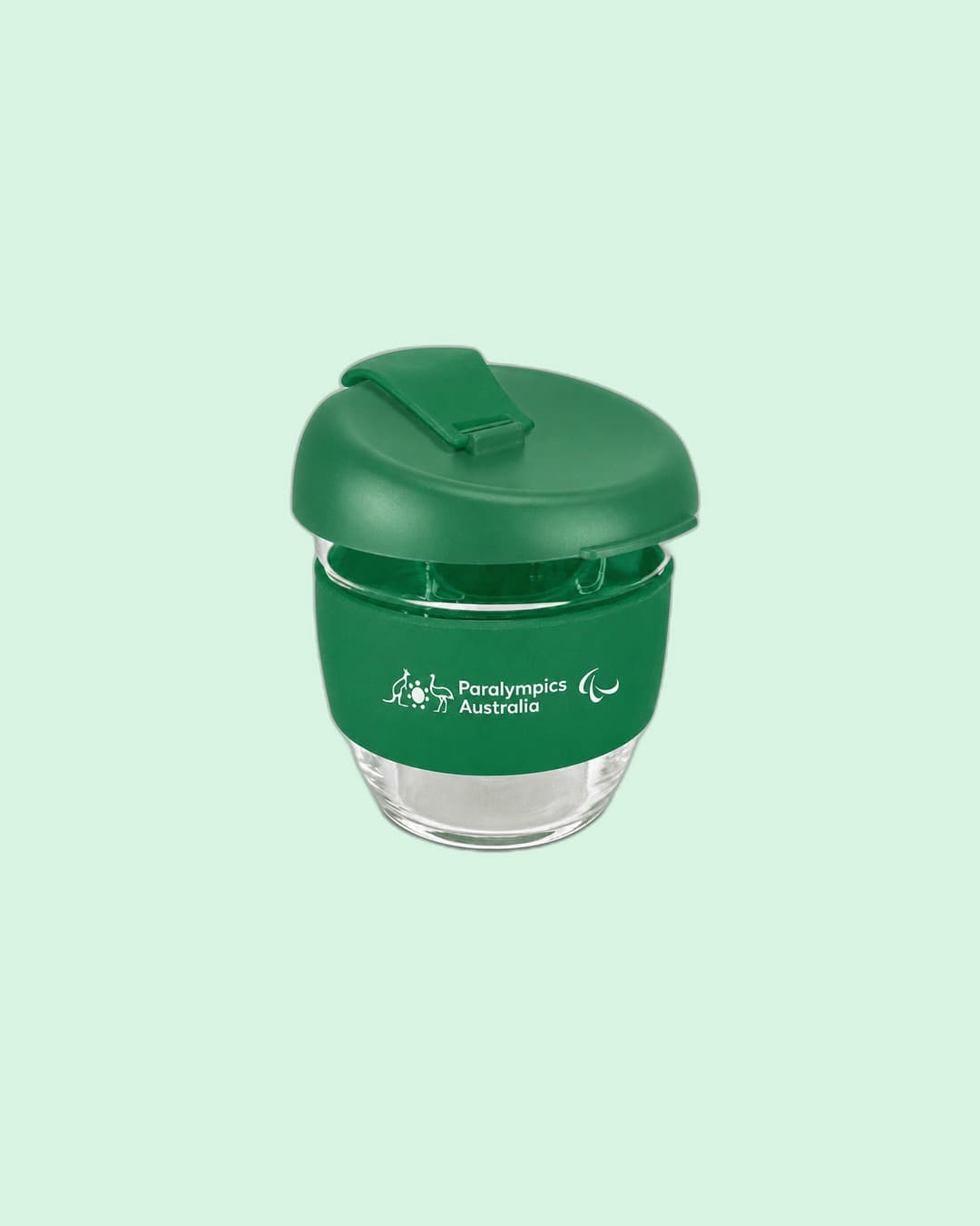 Paralympics Australia — Reusable glass coffee cup with Paralympics Australia + Agitos band