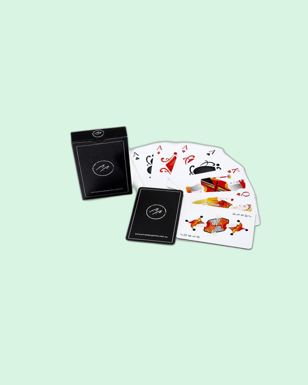 Private Properties — Custom-illustrated playing-card deck with PP monogram tuck box