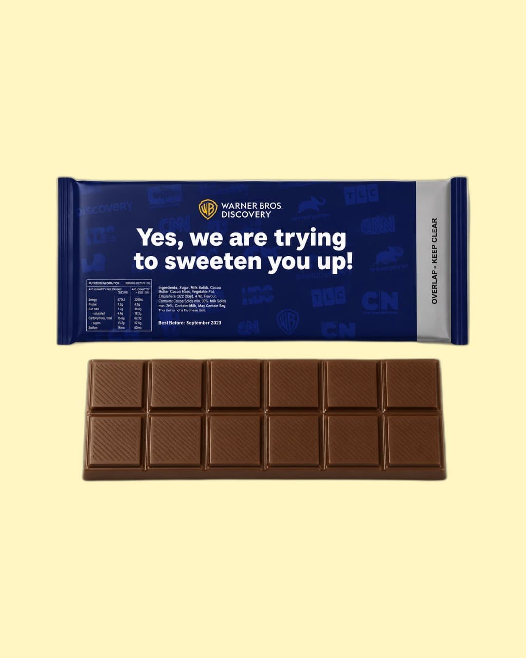 Warner Bros. Discovery — Network-pattern chocolate bar and wrapper