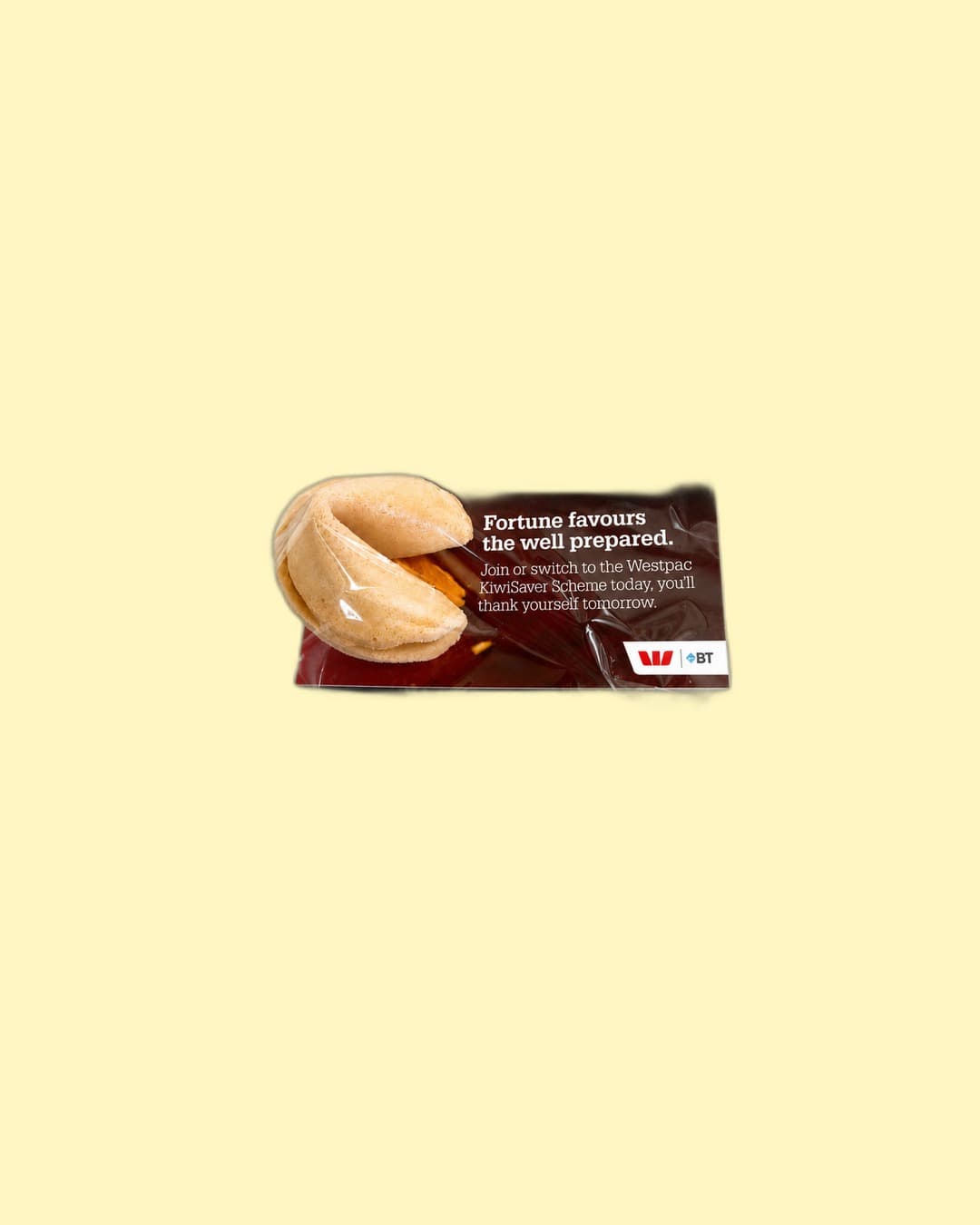 Westpac × BT KiwiSaver — Branded fortune cookie on Westpac × BT KiwiSaver card