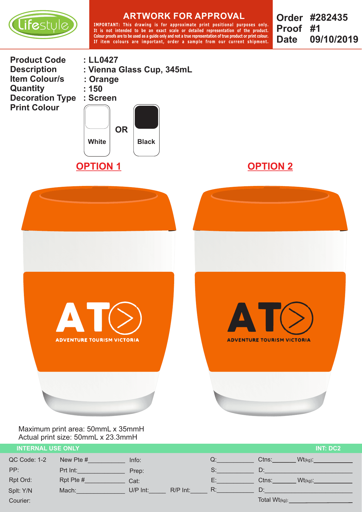 Adventure Tourism Victoria Vienna 345mL reusable glass cup with orange silicone band and lid, screen-printed ATV logo on the band — designed and made by Sense2 for Adventure Tourism Victoria (2019 artwork proof).