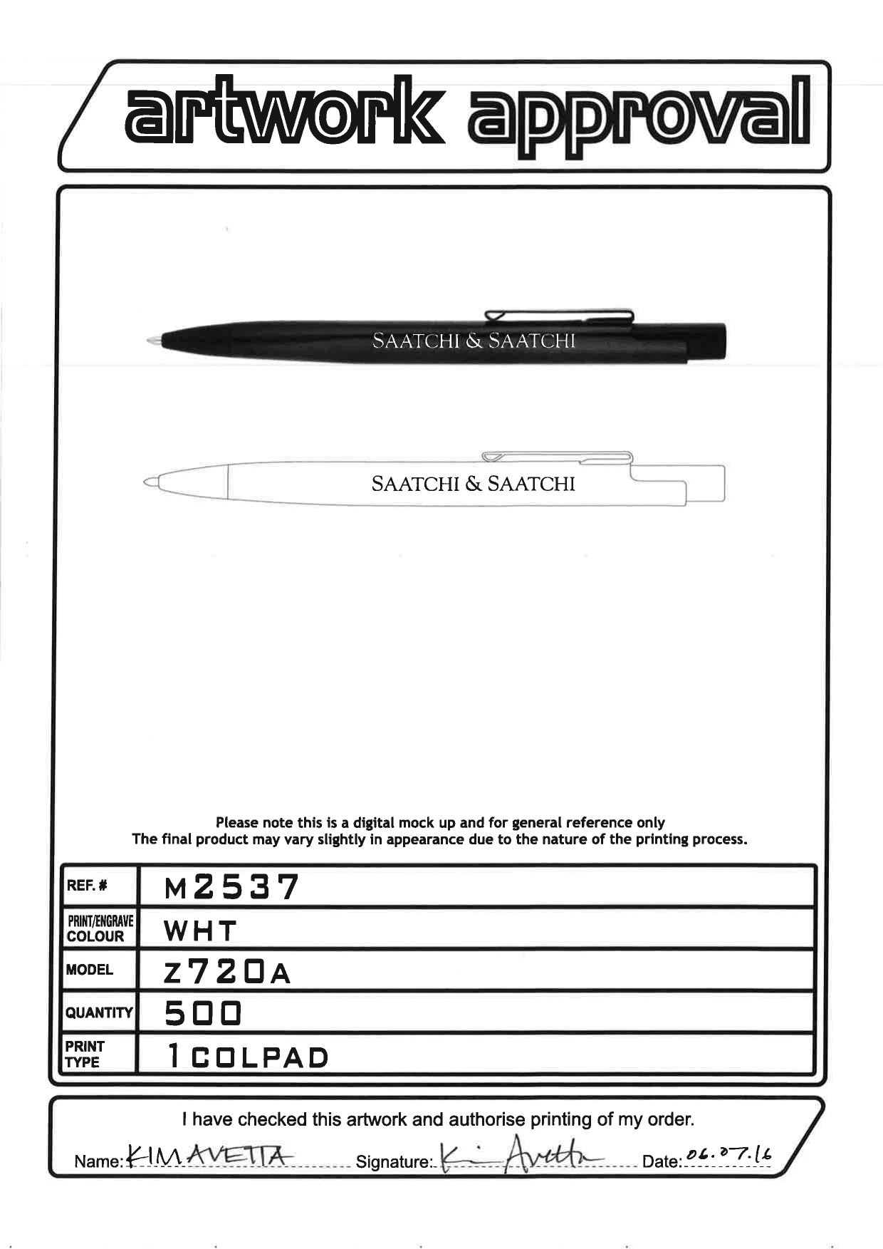 Saatchi & Saatchi custom retractable pen — black barrel, silver clip, white pad-printed wordmark — designed and made by Sense2 for Saatchi & Saatchi (2016 artwork proof).