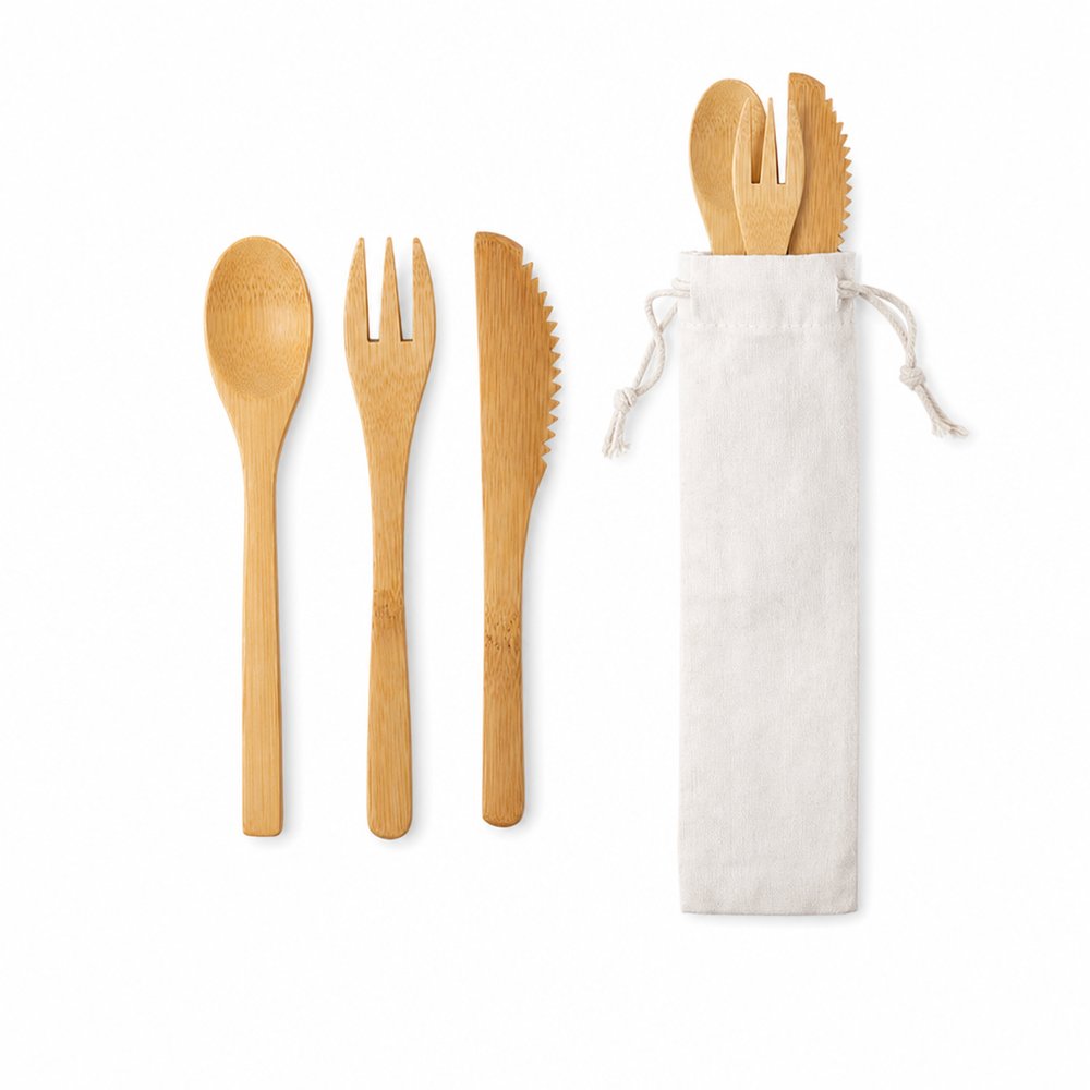 Bamboo Cutlery Set in Cotton Pouch — Branded