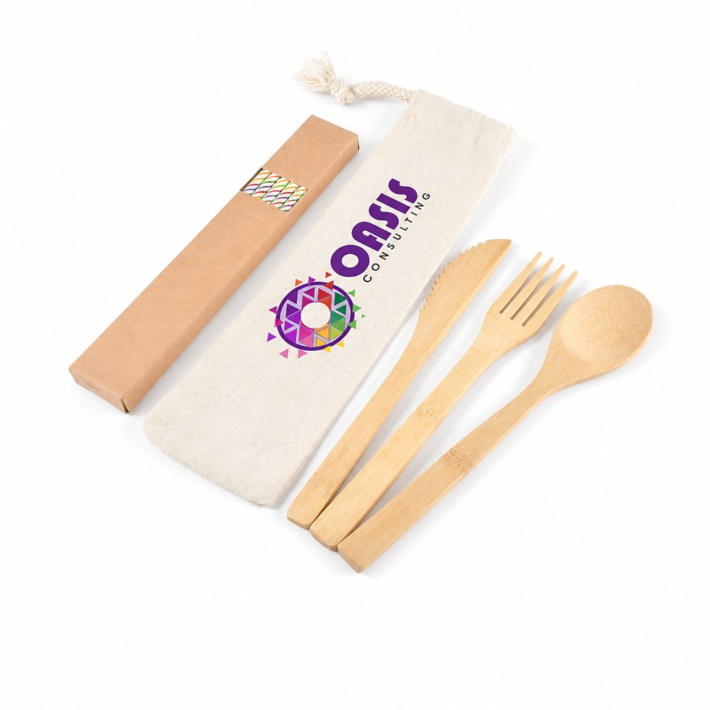 Bamboo Cutlery Set with Paper Straws in Calico Pouch