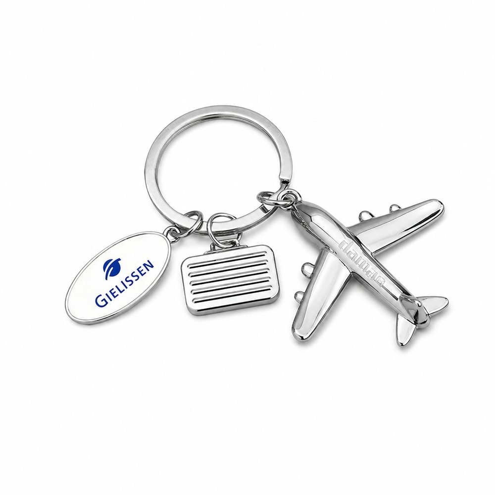 Plane Shaped Metal Keyring with Suitcase Charm