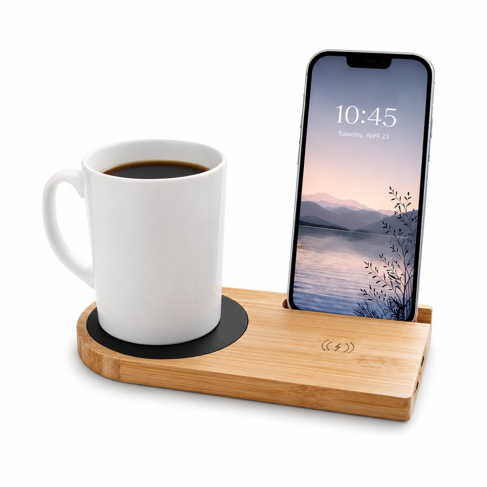 Bamboo Cup Warmer with Wireless Charging Pad
