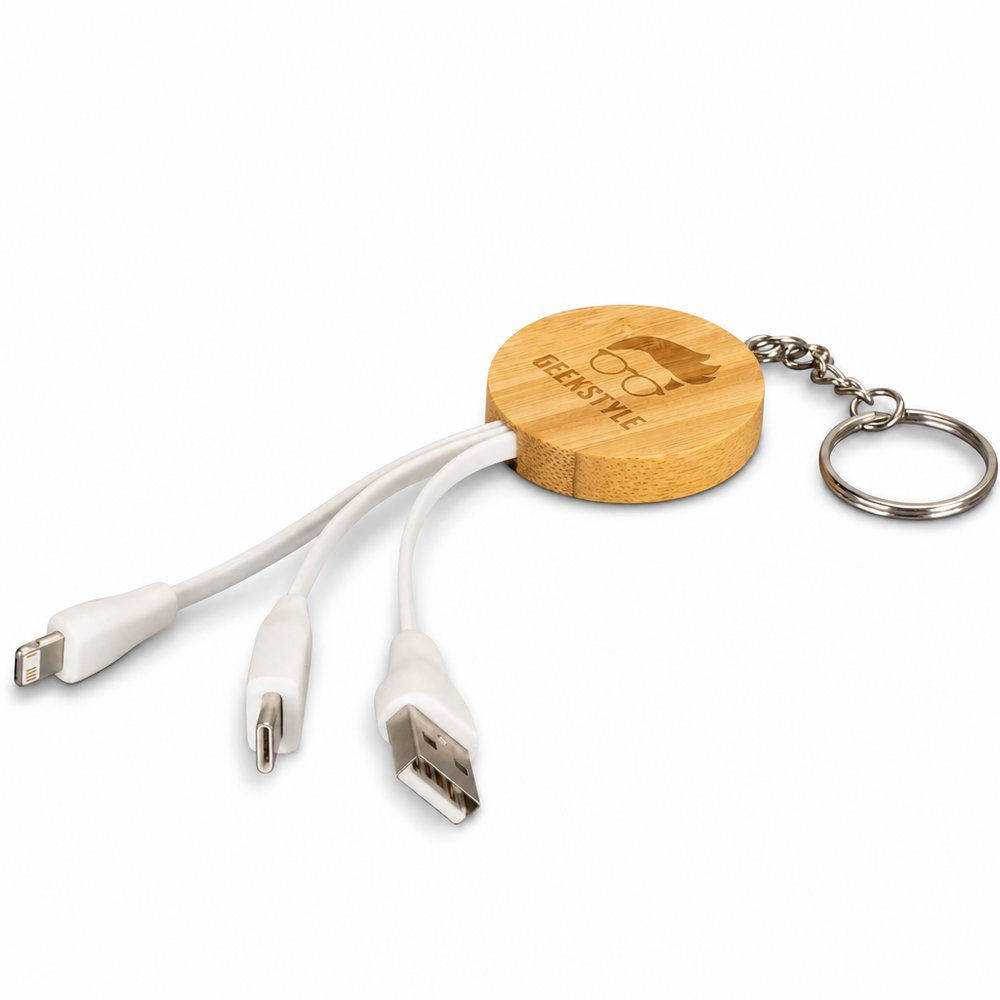 Bamboo Charging Cable Keyring with USB-C Lightning Micro