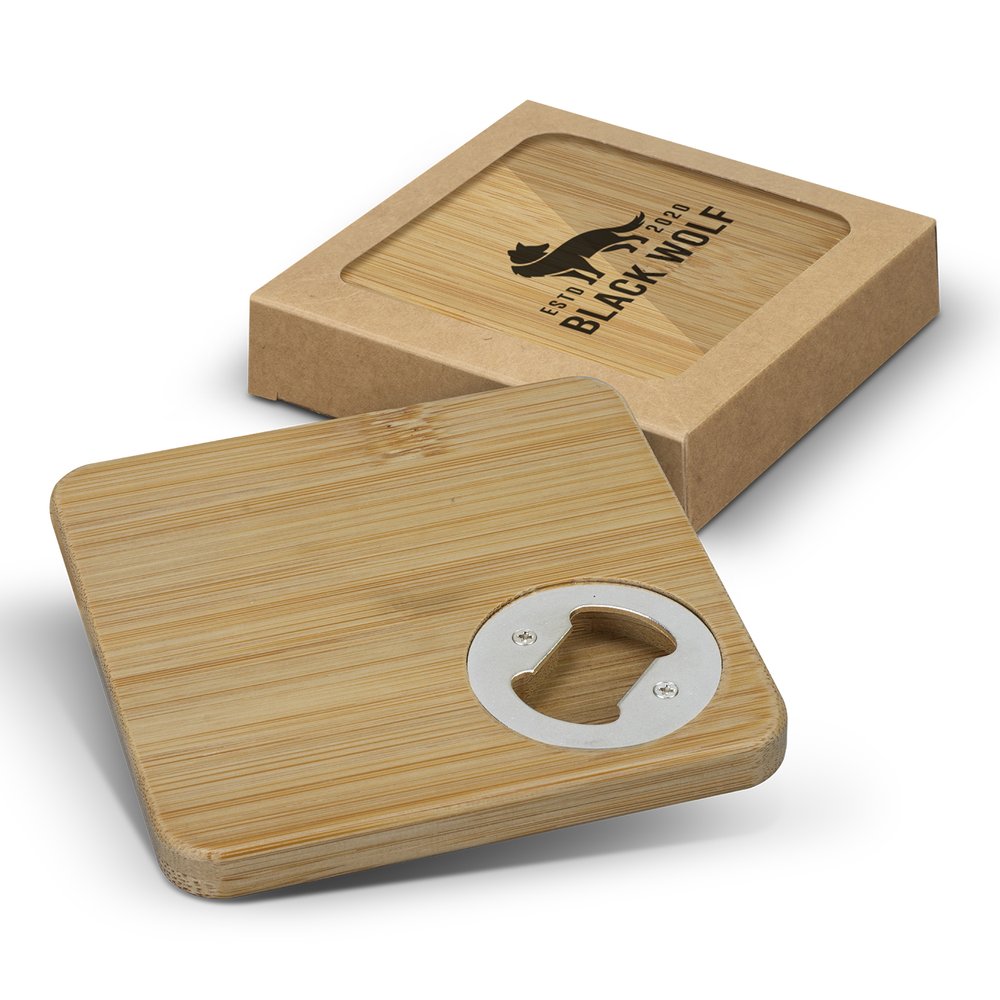 Natural Bamboo Coaster Set with Hidden Bottle Opener