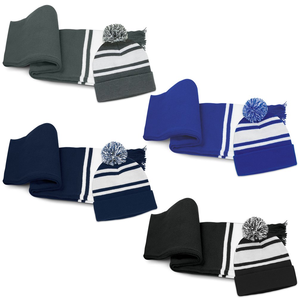 Striped Knit Scarf and Pom Pom Beanie Gift Set